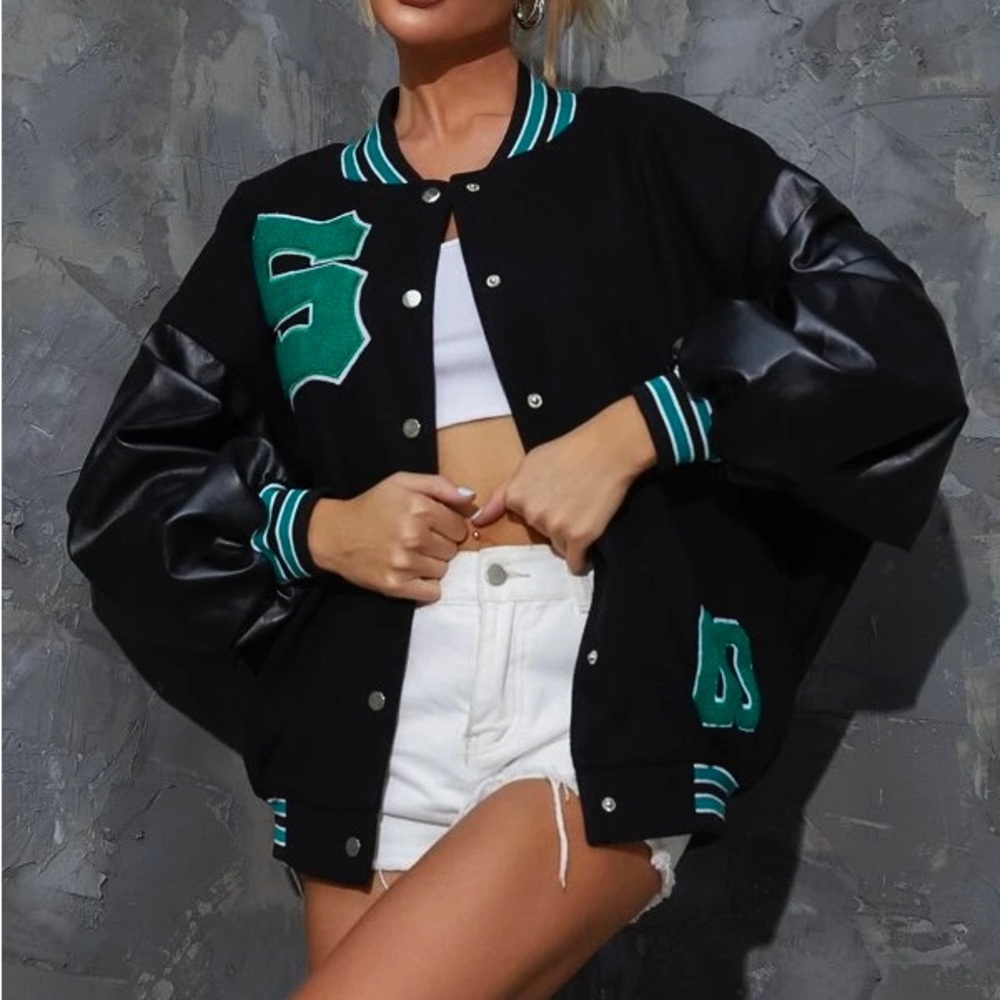 Plus Size Striped & Letter Graphic Button Up Varsity Jacket
